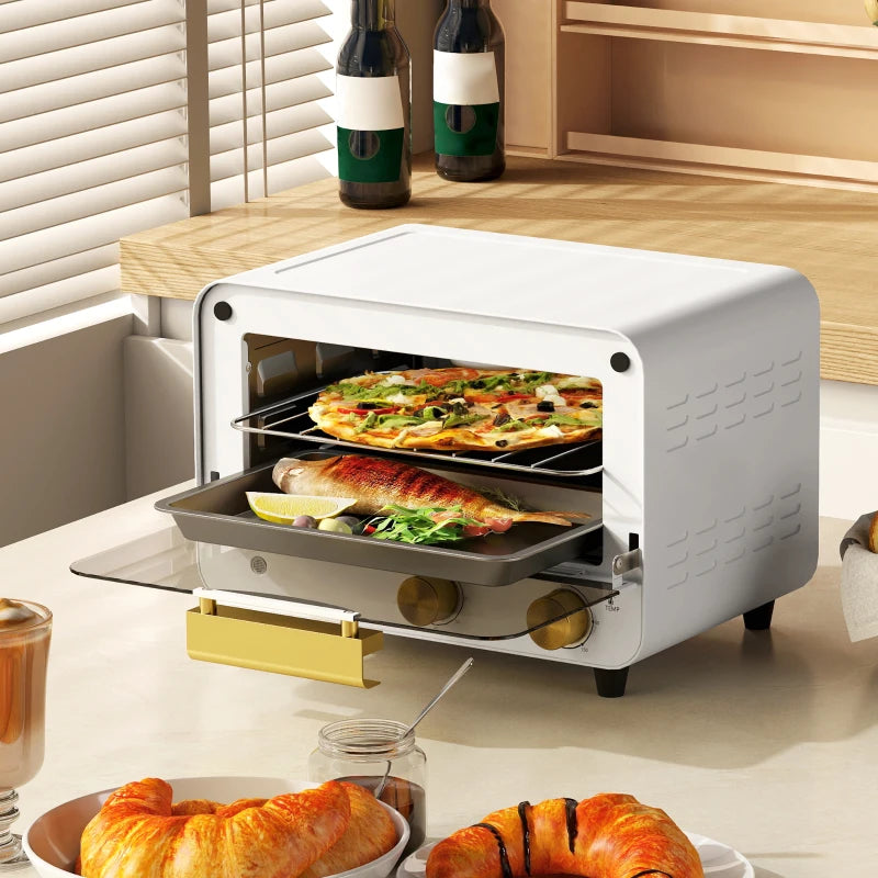 Compact 12L Toaster Oven - Multifunction Mini Countertop Oven with Glass Door, Adjustable Temperature & Timer, Stylish White Design