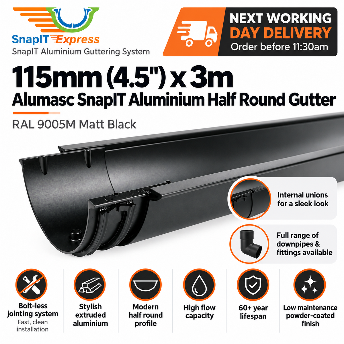 Alumasc 115mm (4.5") x 3m SnapIT Aluminium Half Round Gutter - RAL 9005M Matt Black