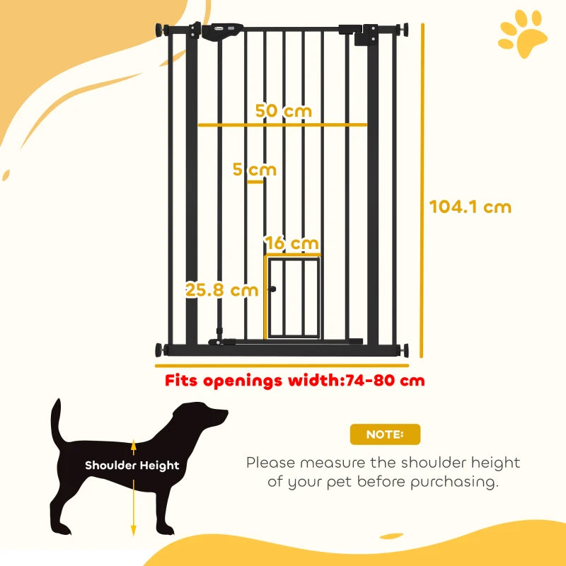 Extra Tall Indoor Dog Safety Gate with Cat Flap, Auto Close, 74-80cm Wide - Black Pet Barrier