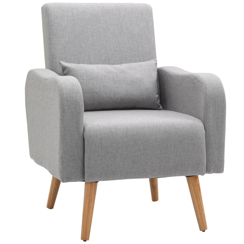 Linen-Touch Accent Chair with Pillow - Upholstered Lounge Sofa for Living Room, Grey Club Chair with Wooden Frame