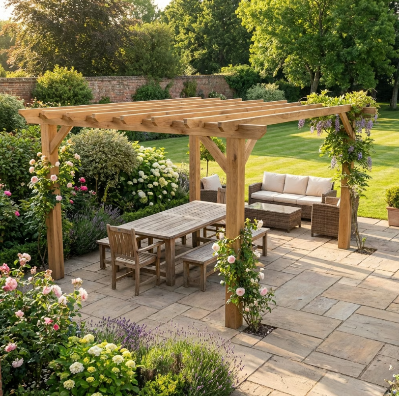 Ruby Oak Flat Roof Pergola with Open Roof Design