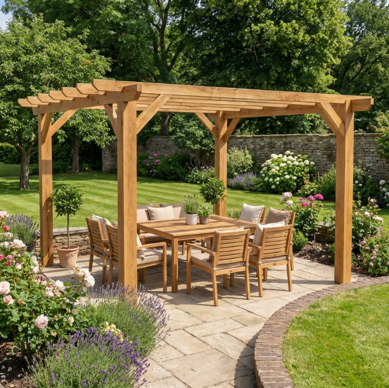 Ruby Oak Flat Roof Pergola with Open Roof Design