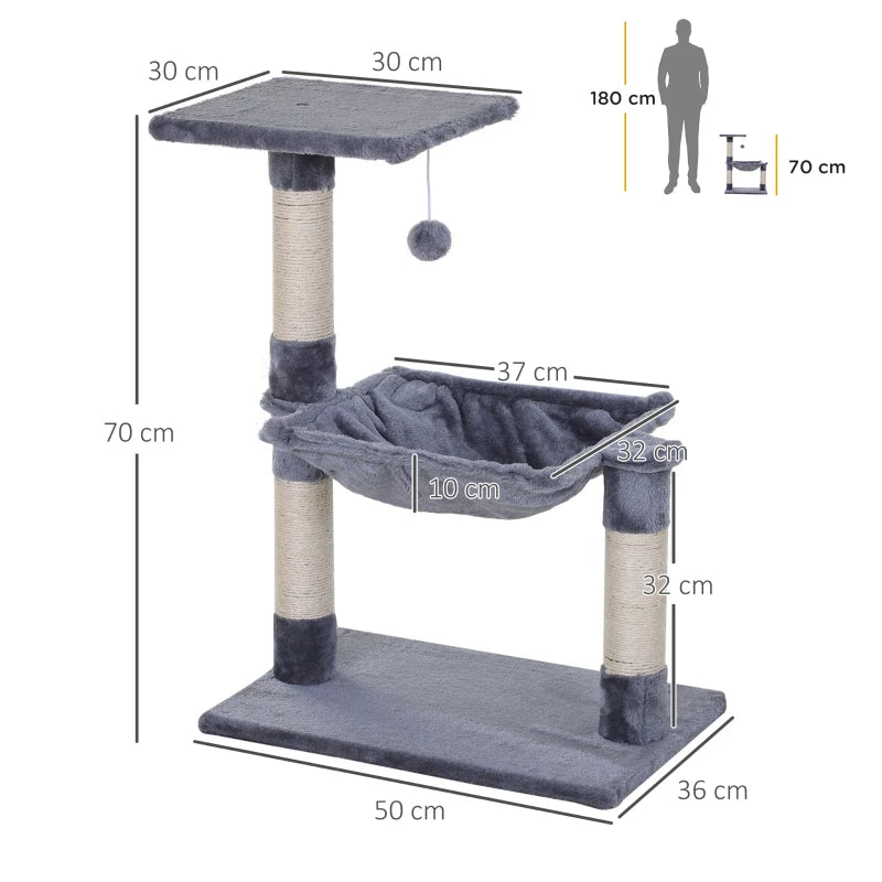 Deluxe Cat Scratch Post with Bed & Hammock - Indoor Cat Tree with Sisal Scratching Posts - Grey Kitty Activity Centre