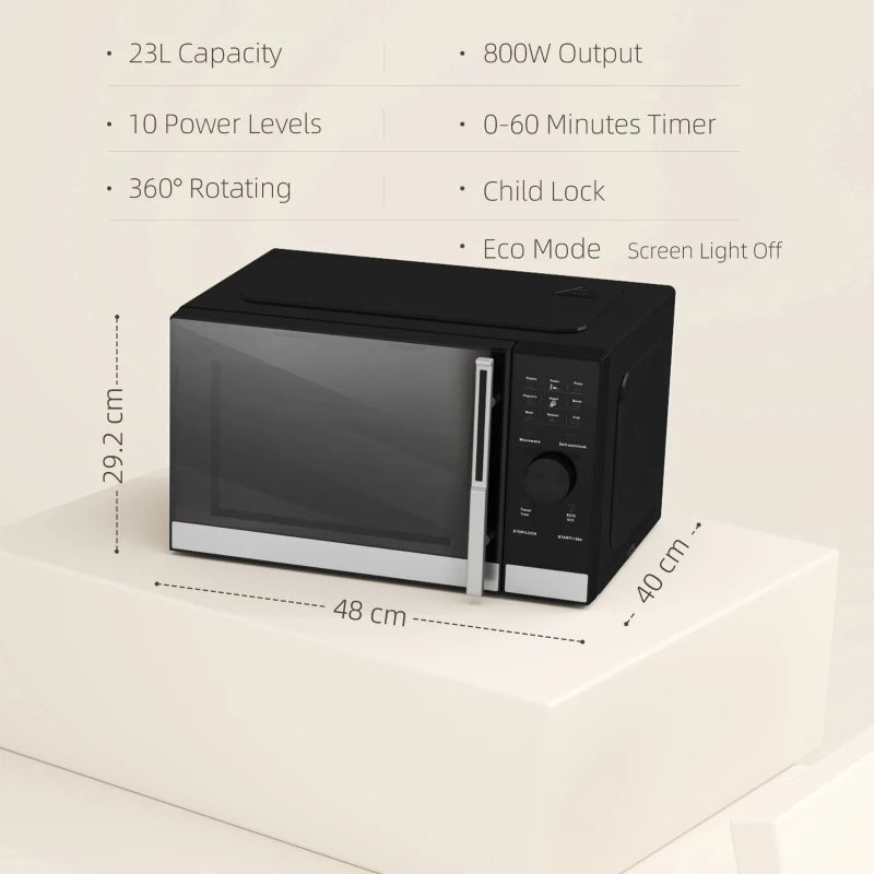 Compact 800W Black Microwave Oven - Digital Solo, 10 Power Levels, 8 Auto Cook Menus, 60 Min Timer, Easy Clean