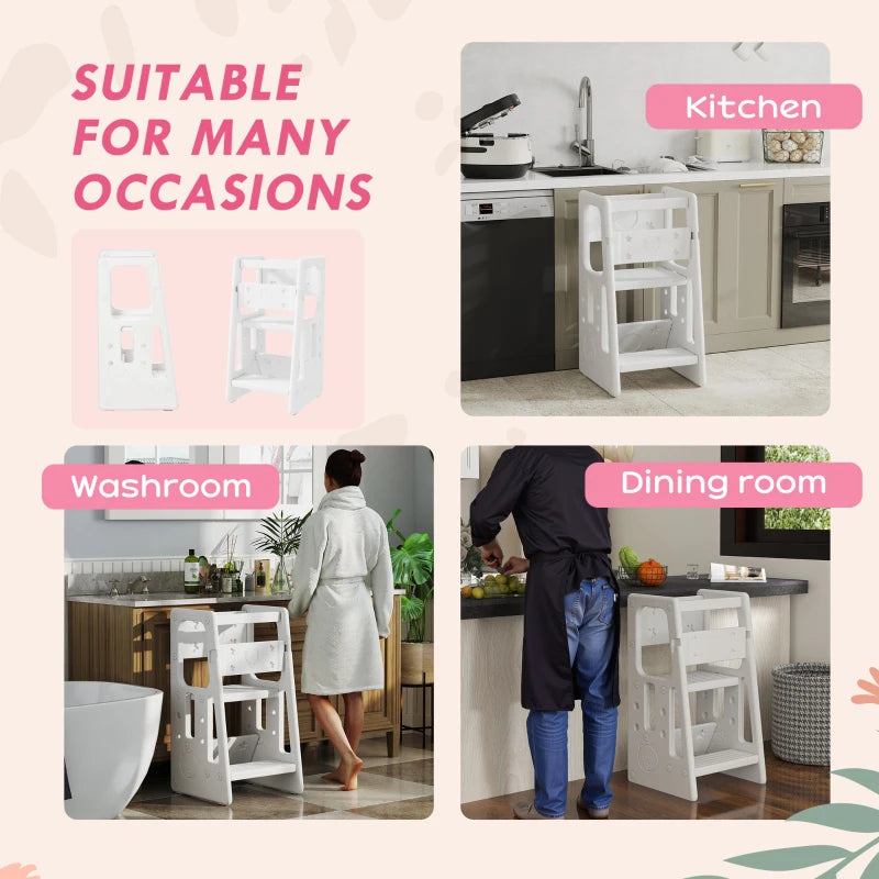 Adjustable Kids Step Stool - White Toddler Kitchen Standing Platform for Safe and Easy Access