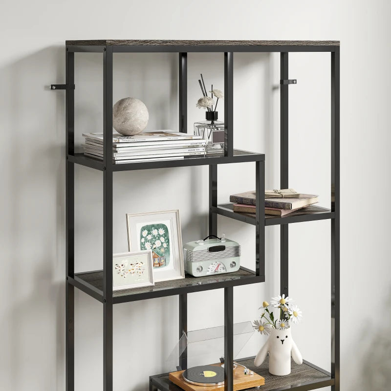 Unique Seven-Tier Geometric Bookcase in Grey and Black - Modern Storage Solution for Home or Office Decor