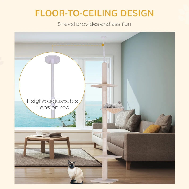 Adjustable 5-Tier Floor to Ceiling Cat Tree 230-260cm - Scratching Post, Hammock & Perches for Indoor Kittens - Beige