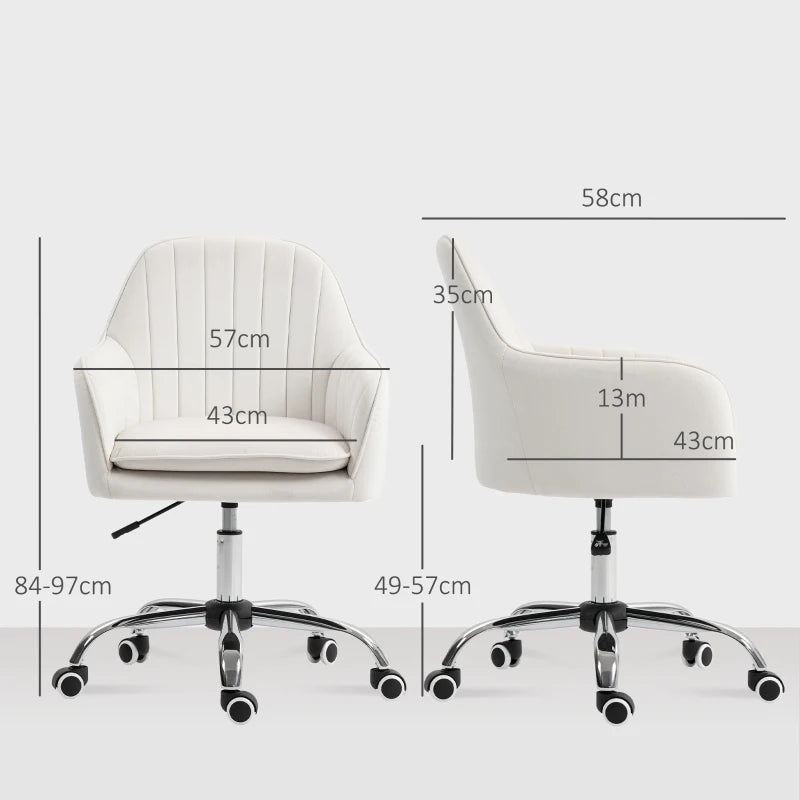 Cream White Velvet-Feel Office Chair with Adjustable Height & Smooth Wheels - Ergonomic Comfort for Home & Office