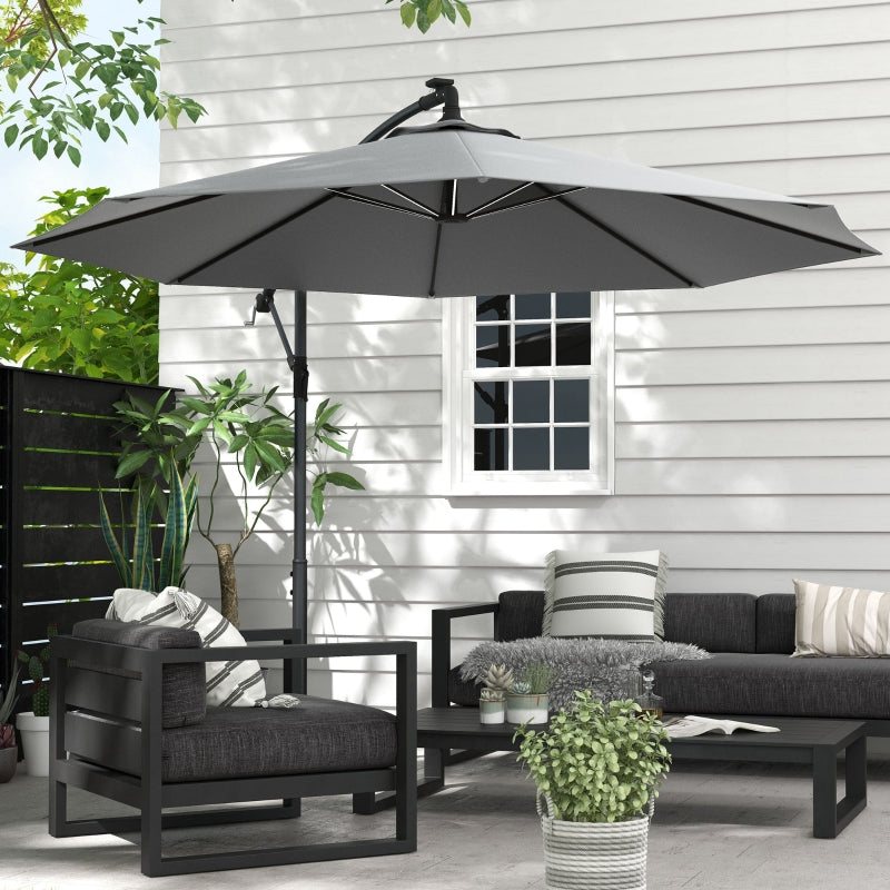 Grey Solar LED Cantilever Garden Umbrella