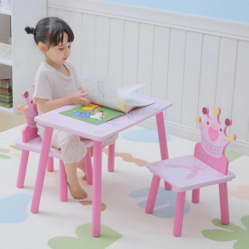 3-Piece Kids Table and Chair Set - Princess & Crown Theme - Pink Home Furniture Gift for Ages 2-4