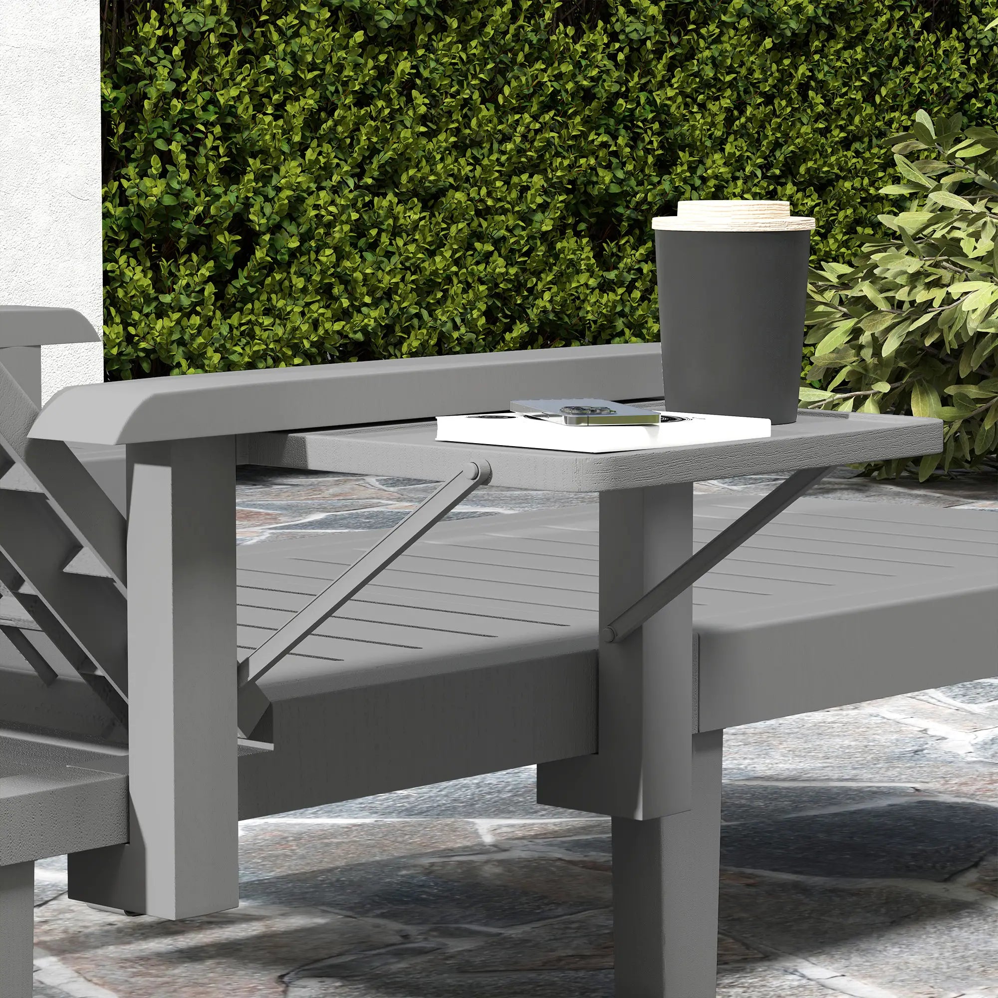 Set of 2 Resin Reclining Sun Loungers for Garden - 5 Positions - Outdoor Chaise Lounge Chairs with Wood Texture Surface, Armrests & Foldable Side Table