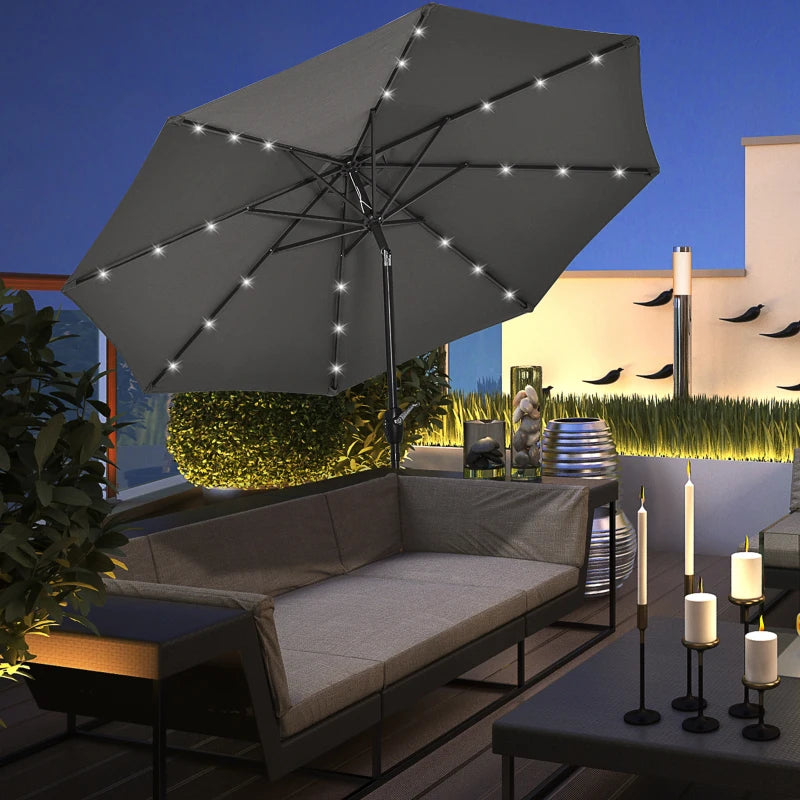 Grey Solar LED Light Patio Umbrella with Hand Crank