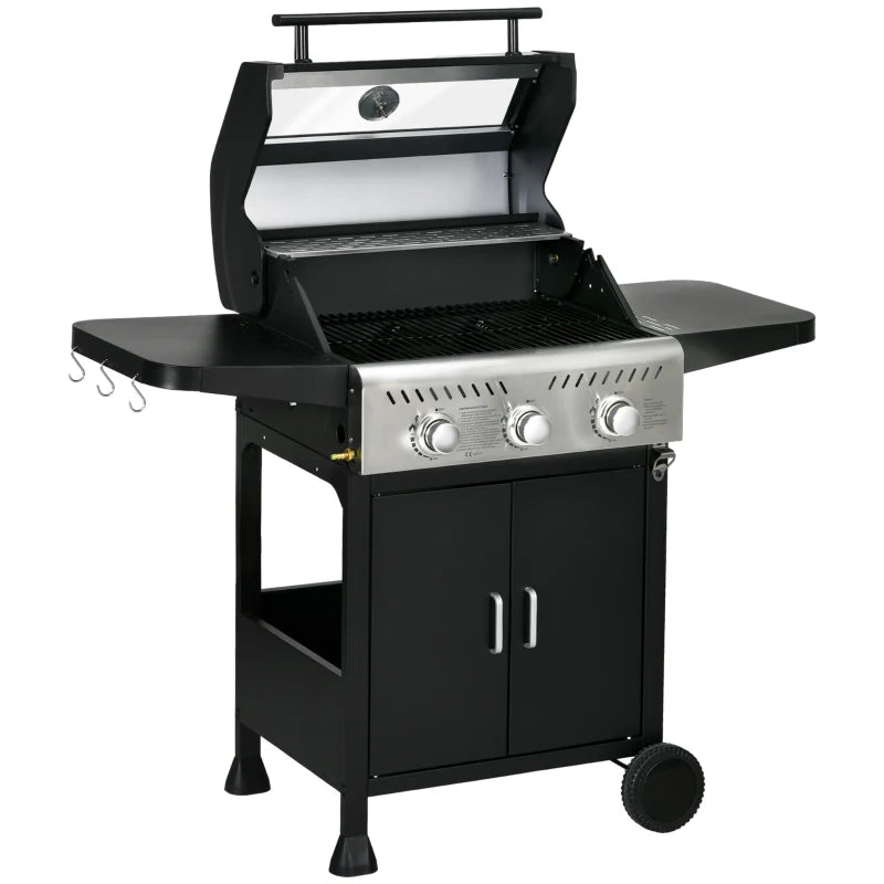 Black 9kW Three-Burner Gas BBQ Grill with See-Through Lid