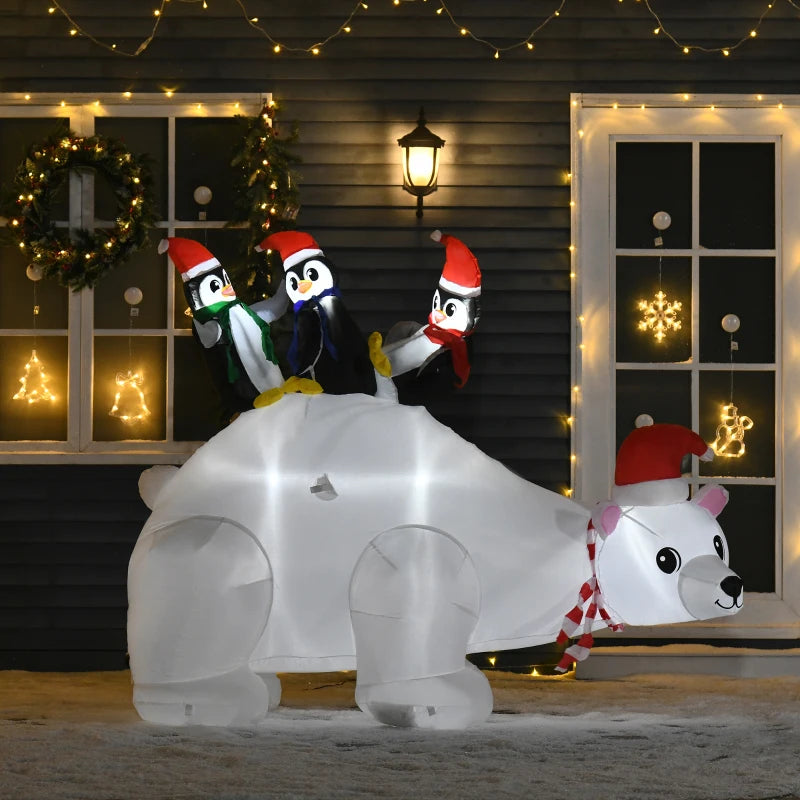 5ft LED Lighted Outdoor Christmas Inflatable Polar Bear with Penguins - Giant Yard Decoration for Home & Garden Parties