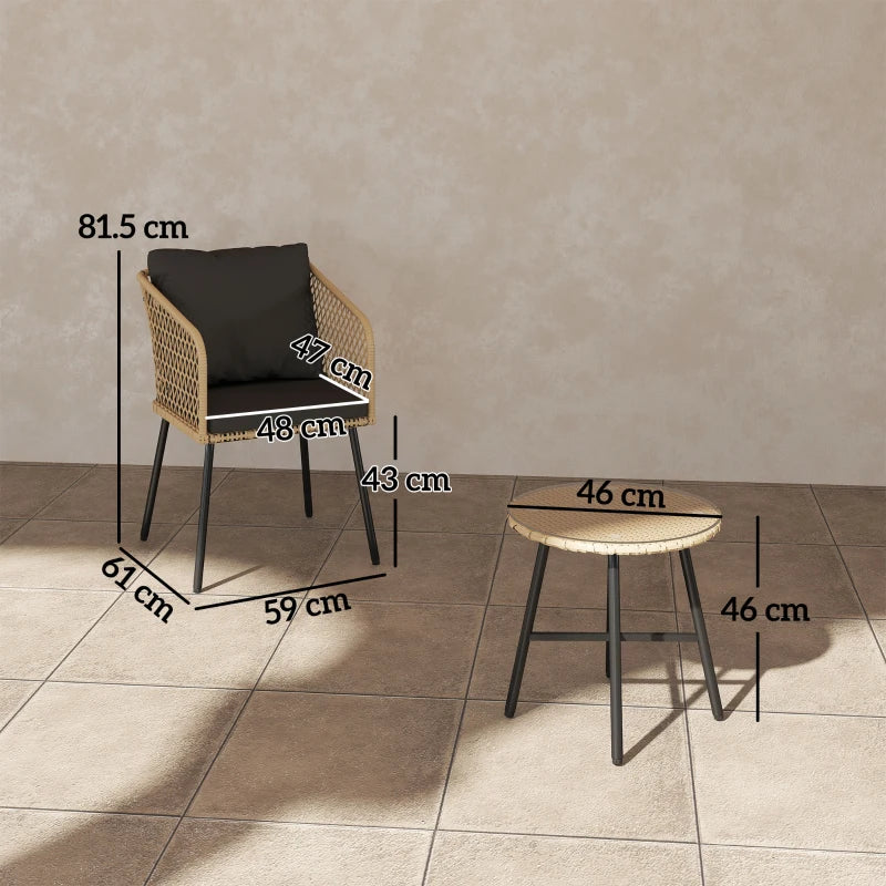 3 Piece Rattan Bistro Set with 2 Chairs, Glass Table, Cushions, Adjustable Feet, Wood Finish