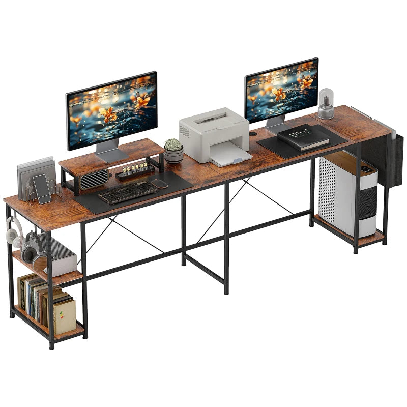 168cm Reversible L Shaped Desk - Industrial Corner Computer Table with Adjustable Shelf & Storage Bag, Rustic Brown, 2 Person PC Table