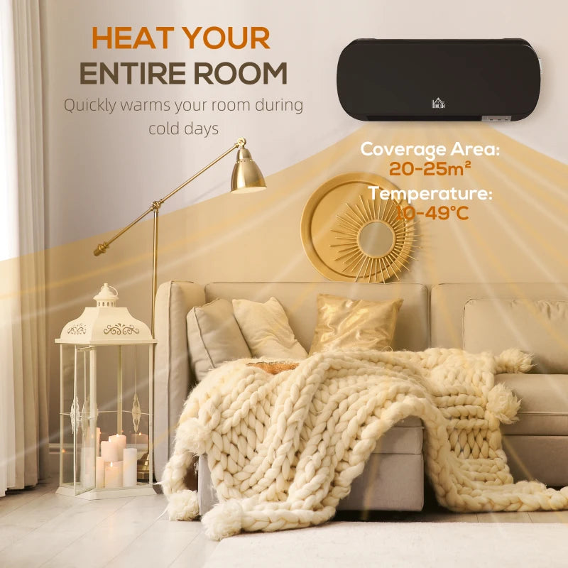 2000W Wall Mounted Ceramic Space Heater Adjustable Temperature Range 10-49°C Black Finish