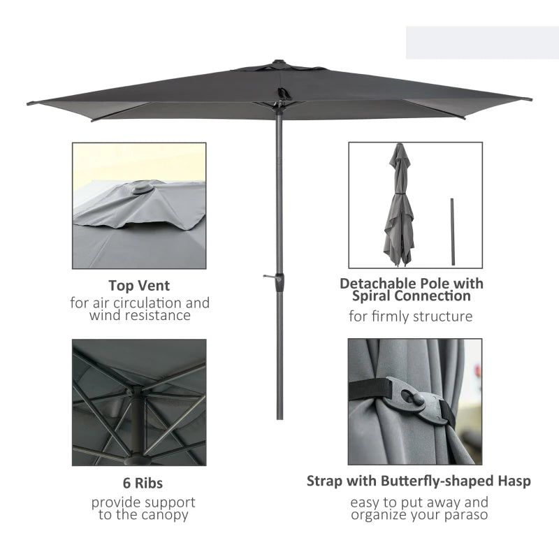 Grey Rectangular Garden Parasol Umbrella with Aluminium Pole