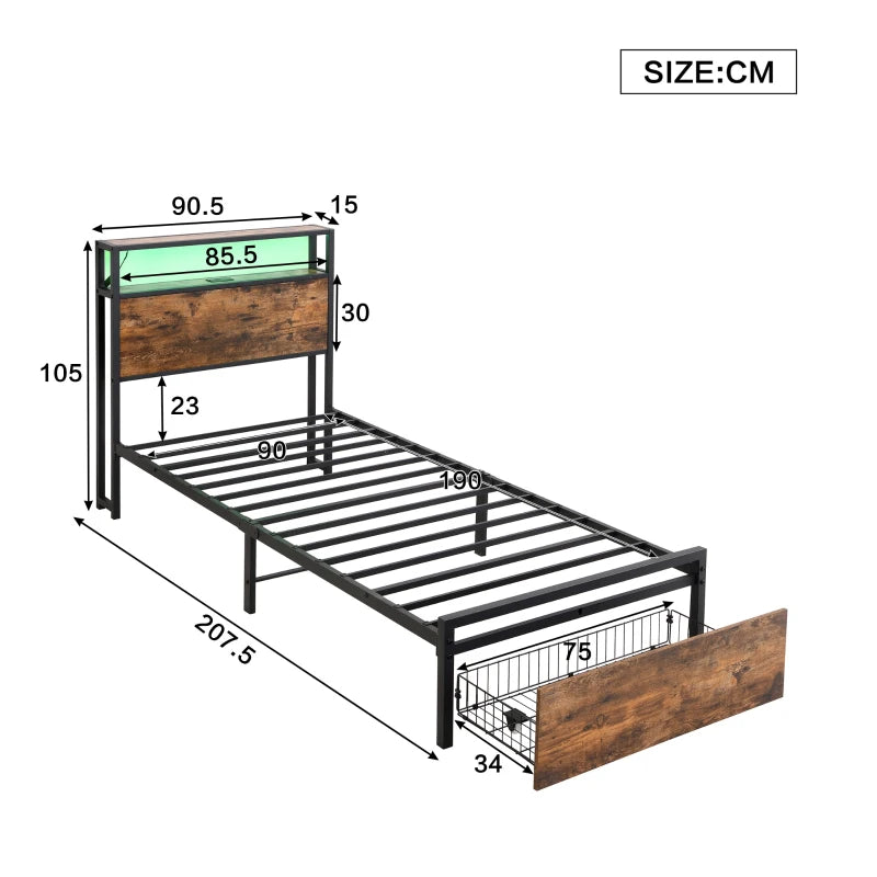 Unique Black Metal Bed with LED Light Strip, USB Ports & Drawer - Modern Bedroom Furniture, 207.5x90.5x105 cm, Dark Walnut Accent