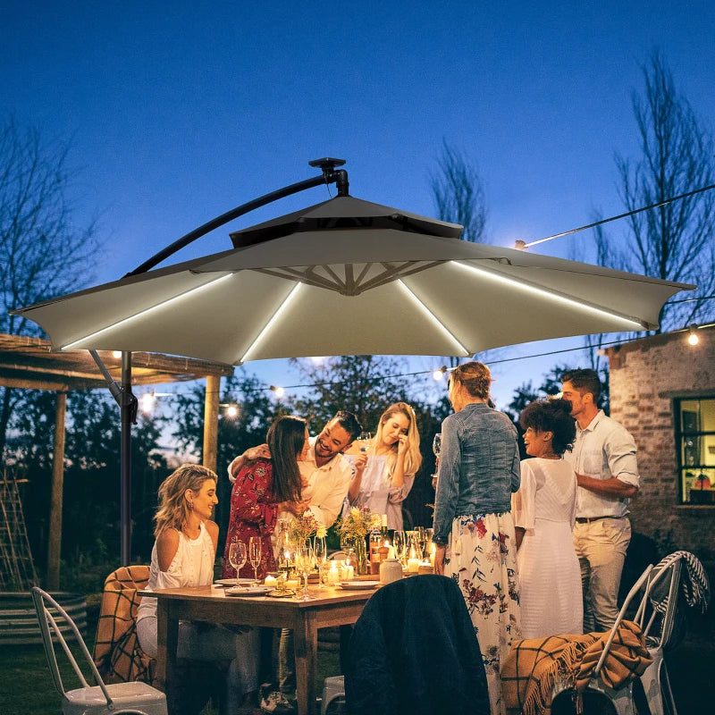 Light Grey Cantilever Hanging Umbrella with LED Solar Lights