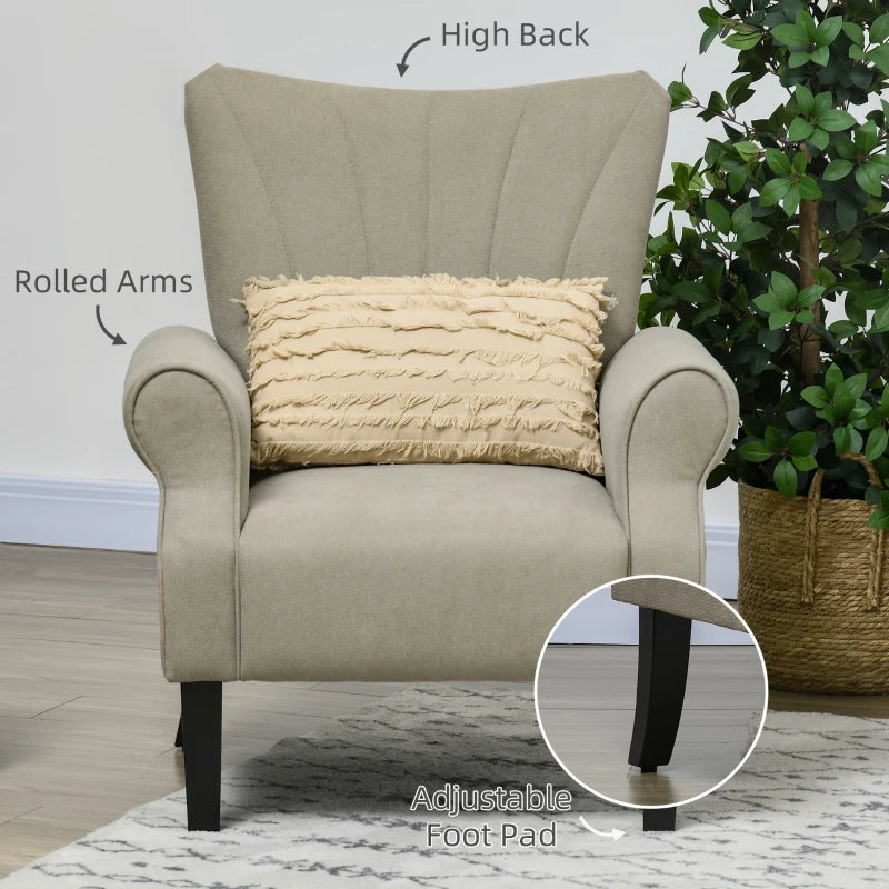 Beige Upholstered Accent Chair with Rolled Arms and Wooden Legs for Living Room or Bedroom