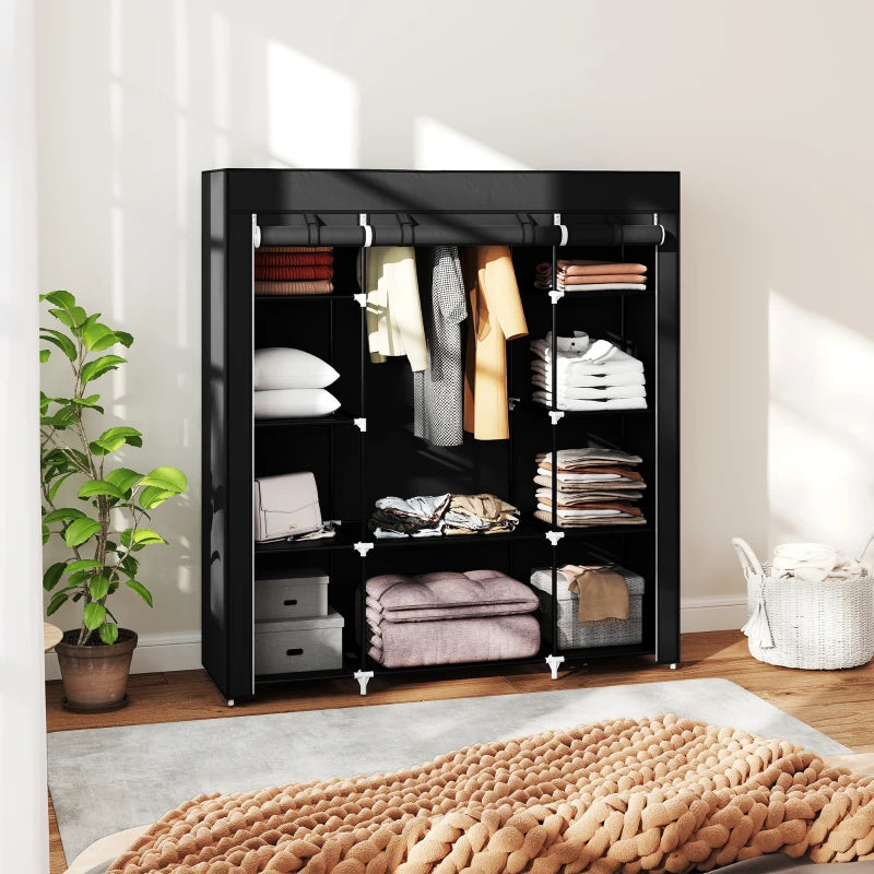 Portable Foldable Fabric Wardrobe Clothes Storage Organizer with Hanging Rail and Shelves Black