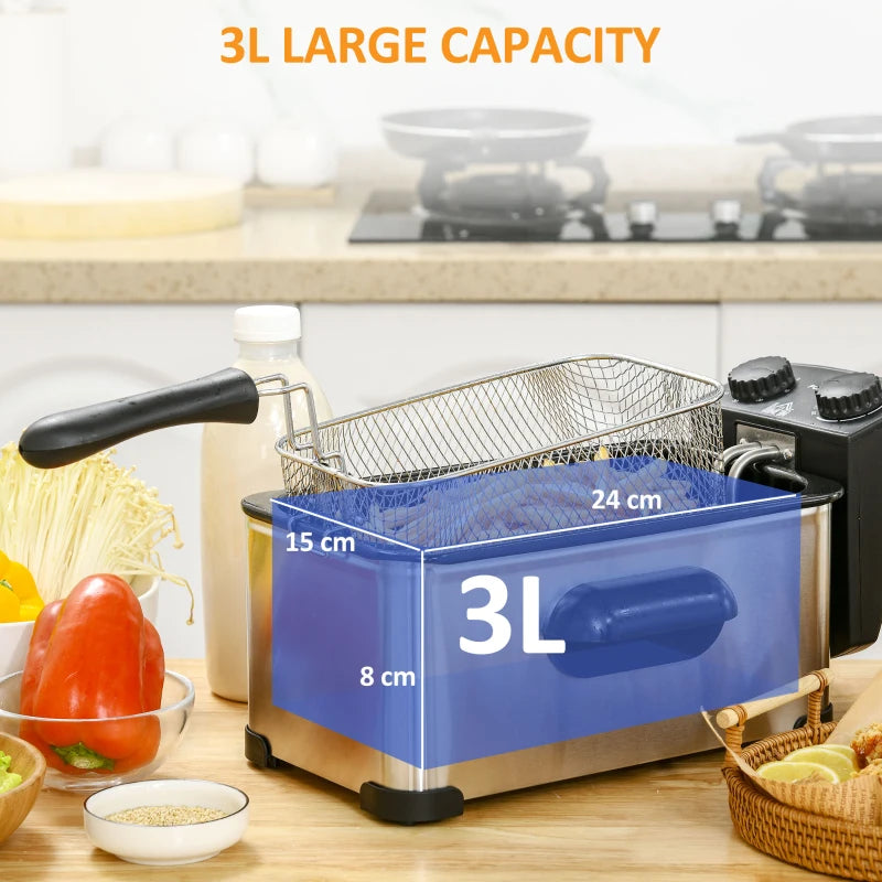 3L Stainless Steel Deep Fat Fryer - 2000W, Adjustable Temperature, 60min Timer, Viewing Window & Safety Cut Out