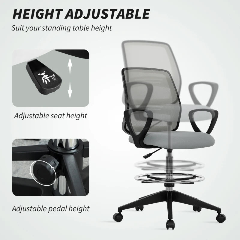 Vinsetto Light Grey Draughtsman Office Chair with Footrest - Adjustable Height, Ergonomic Design, 100-120cm for Comfort & Style