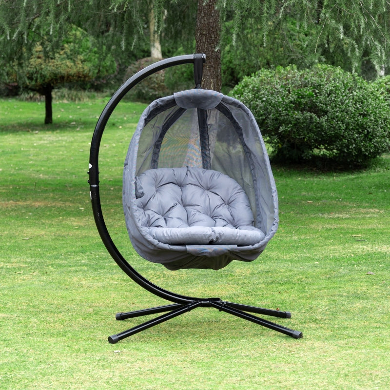 Grey Hanging Egg Chair with Side Pocket and Stand