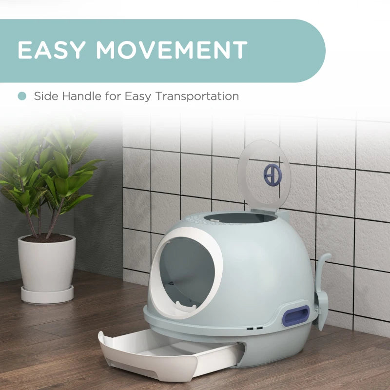 Blue Enclosed Cat Litter Box with Drawer & Scoop - Front Entry, Top Exit, Easy to Clean