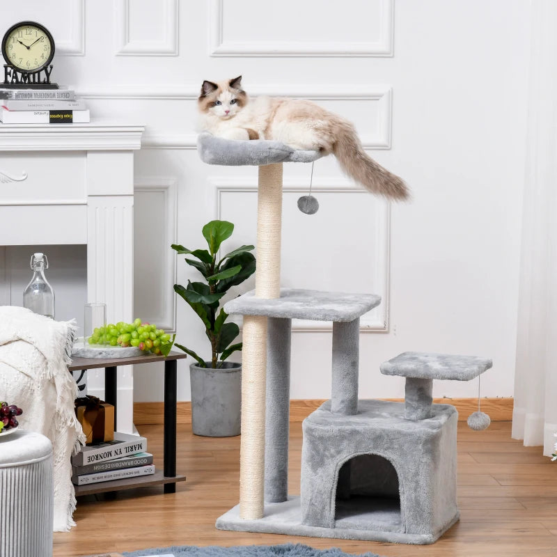 Light Grey Cat Tree Tower 114cm - Indoor Climbing Activity Centre for Kittens with Scratching Post, Perch & Hanging Ball