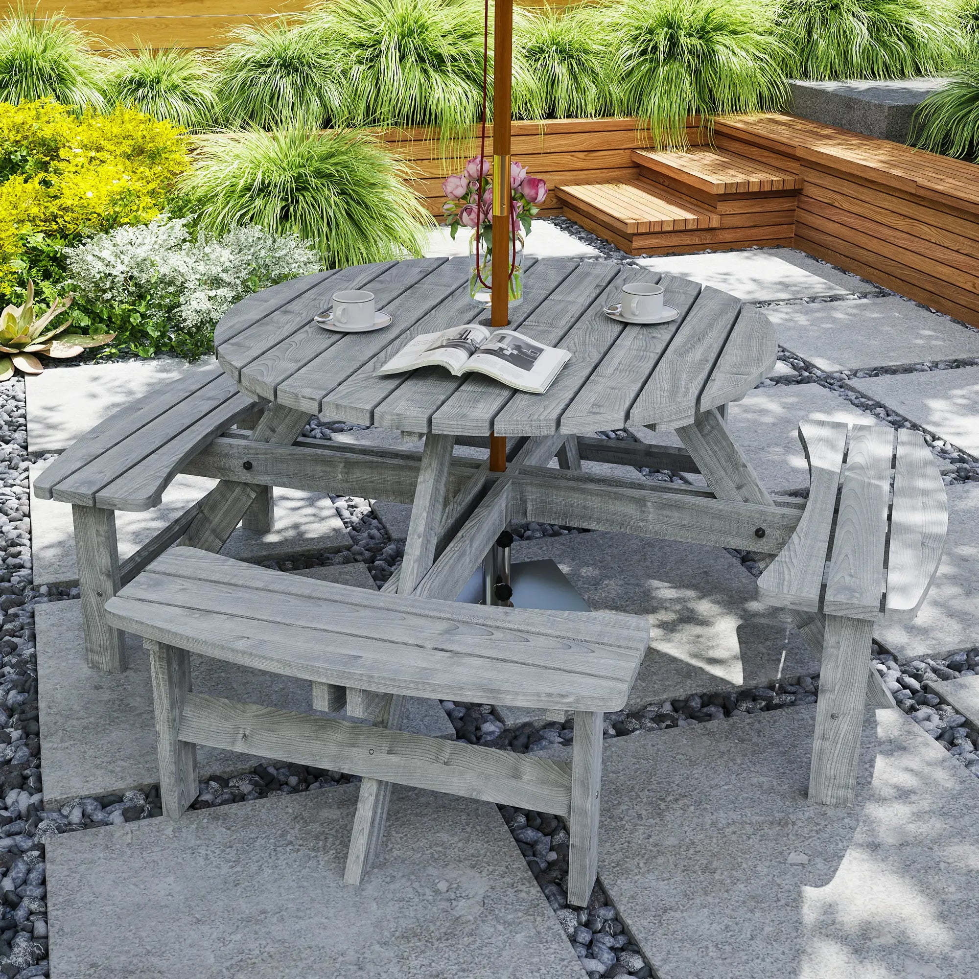 Grey Fir Wood 8-Seater Wooden Picnic Set -  Slatted Tabletop - Suits 8 People