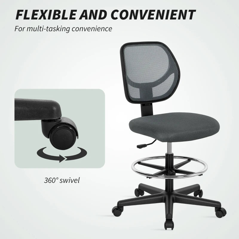 Vinsetto Ergonomic Mesh Standing Desk Chair - Adjustable Footrest & Seat Height, Charcoal Grey for Ultimate Comfort