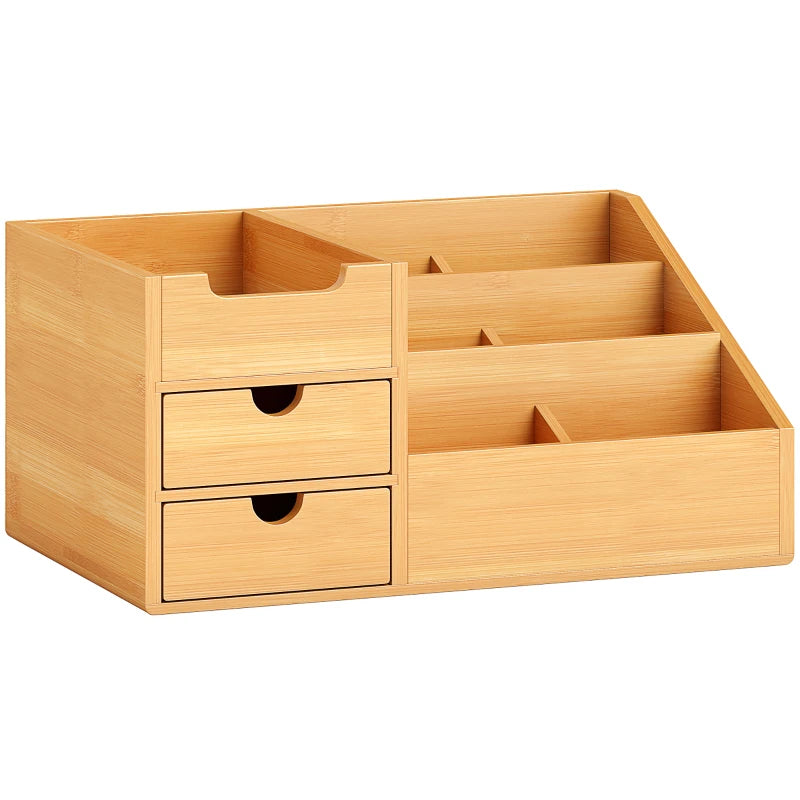 Bamboo Desk Organiser Caddy - Multi-Function Storage Holder with 7 Compartments & 2 Drawers for Home Office Supplies