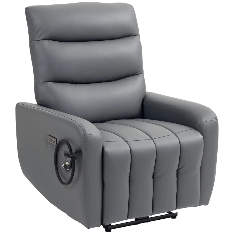 Electric Recliner Armchair with USB and Type C Charging, Phone Holder, Adjustable Leg Rest, Grey PU Leather for Living Room