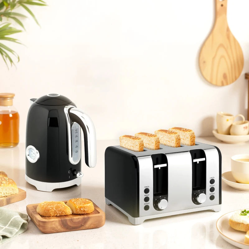 Retro 3000W Black Kettle and Toaster Set - Stylish Kitchen Appliances for Modern Homes