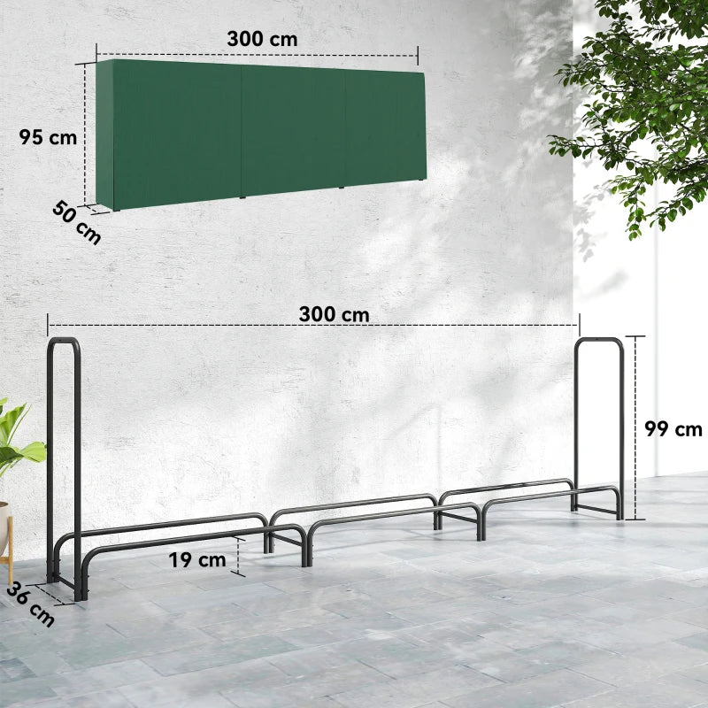 Heavy Duty Firewood Rack with Waterproof Cover - Indoor/Outdoor Log Storage Holder, 300x36x99 cm, Dark Green