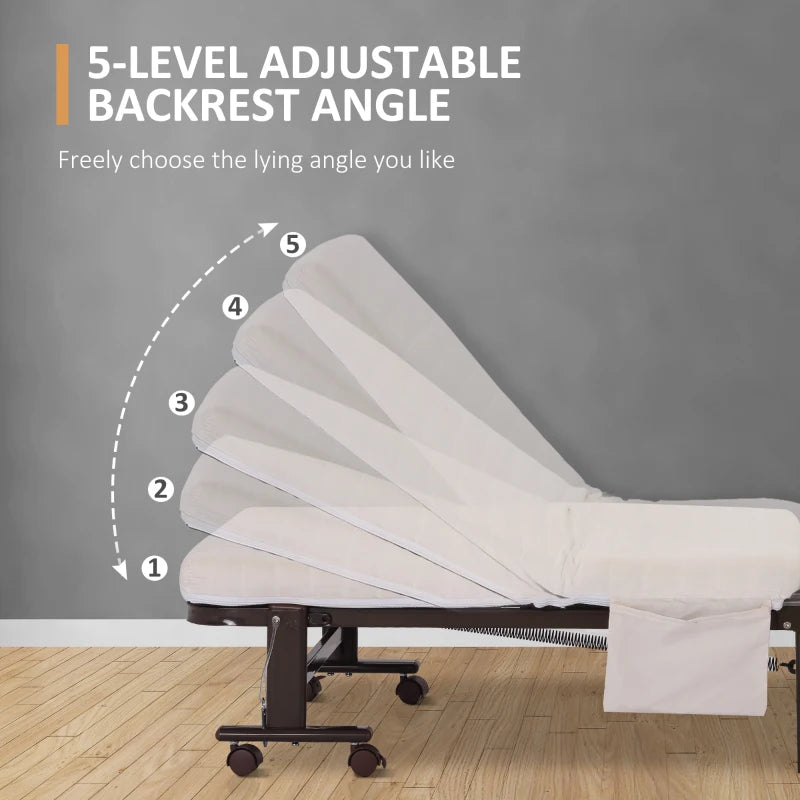 Portable Folding Bed with Mattress - Single Guest Bed, Adjustable Backrest, Metal Frame on Wheels, White, 190 x 76 cm