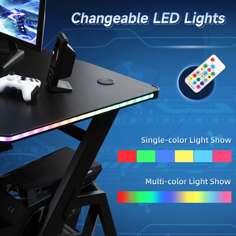 RGB Gaming Desk 120x66cm - Carbon Fibre Surface, Headphone Hook, Cup Holder & Controller Rack - Black Home Office Table