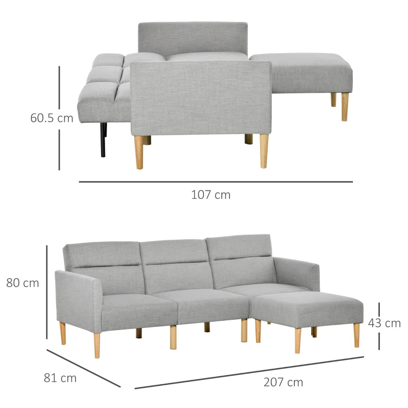Linen Fabric L-Shaped Sofa Bed with Footstool and Rubber Wood Legs in Light Grey