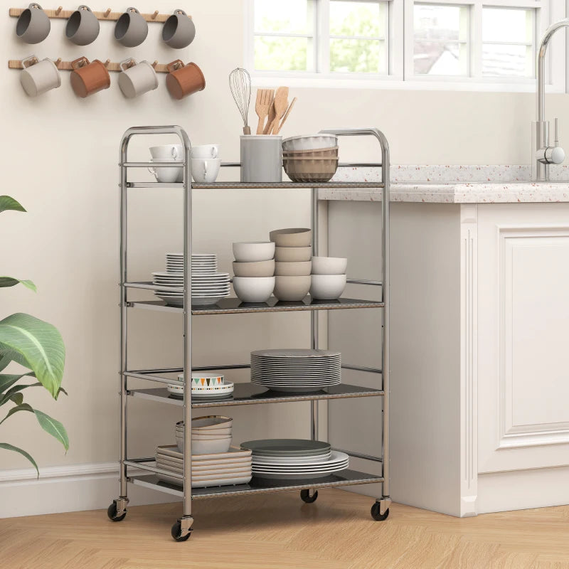 4-Tier Stainless Steel Kitchen Storage Trolley with Adjustable Shelves - Versatile Silver Cart for Organizing Kitchen Essentials
