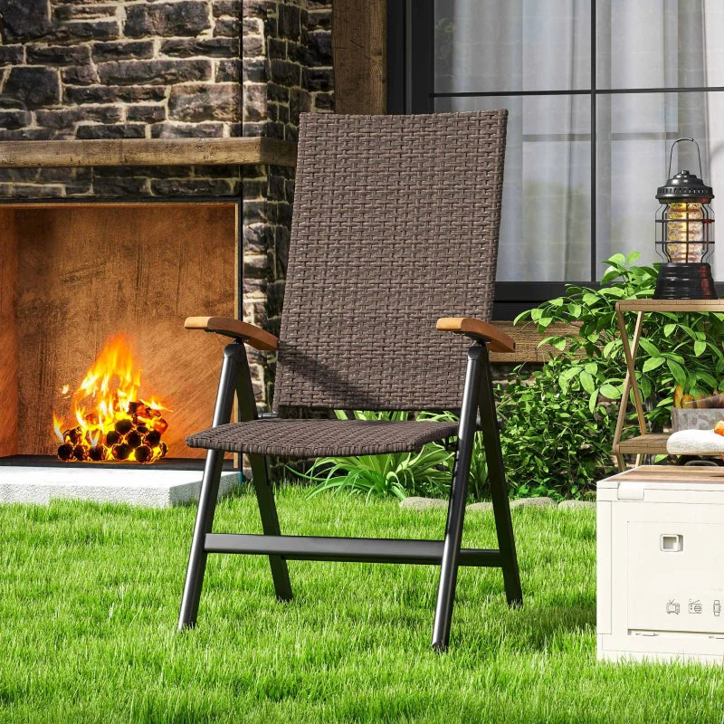 Folding Rattan Garden Dining Chair - 5-Level Reclining High Back, Wood Armrests, Outdoor Patio Furniture - Brown