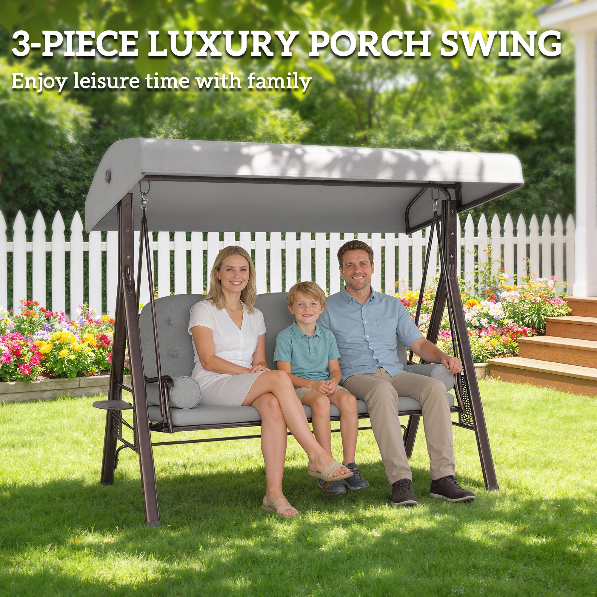 3 Seater Garden Swing Chair with Adjustable Canopy, Cushioned Outdoor Patio Swing Seat, Heavy-Duty Steel Frame, Cup Holder Trays, Weather-Resistant Light Grey Canopy Swing Bench for Garden