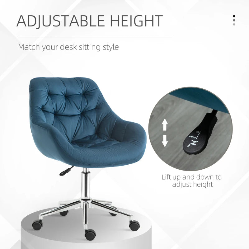Vinsetto Blue Velvet Ergonomic Home Office Chair - Adjustable Height, Arm & Back Support, Comfy Desk Chair for Work