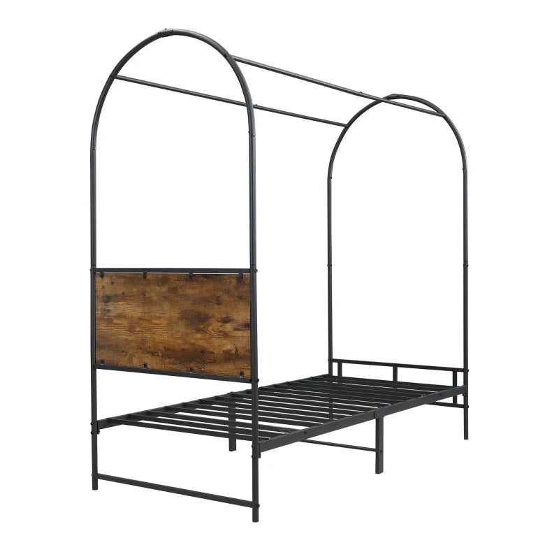 Durable Metal Canopy Bed Frame with Wood Headboard - Easy Self-Installation, Black, 195L x 90.5W x 192H cm