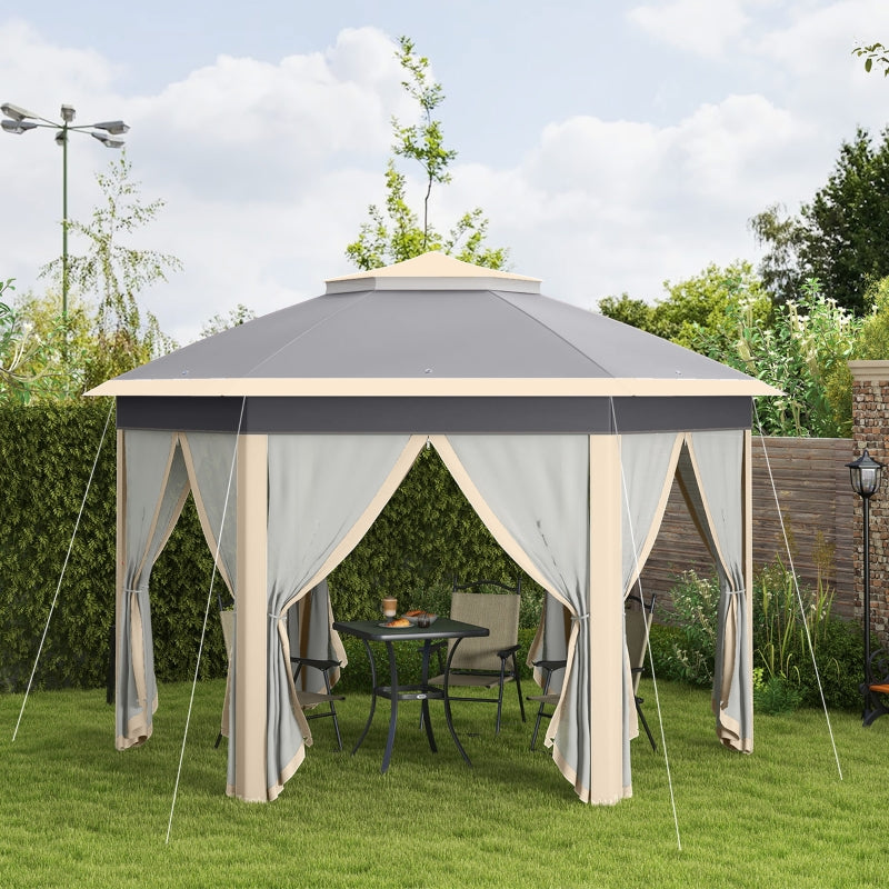 Hexagon Outdoor Patio Gazebo with Netting, Khaki, 3x4m