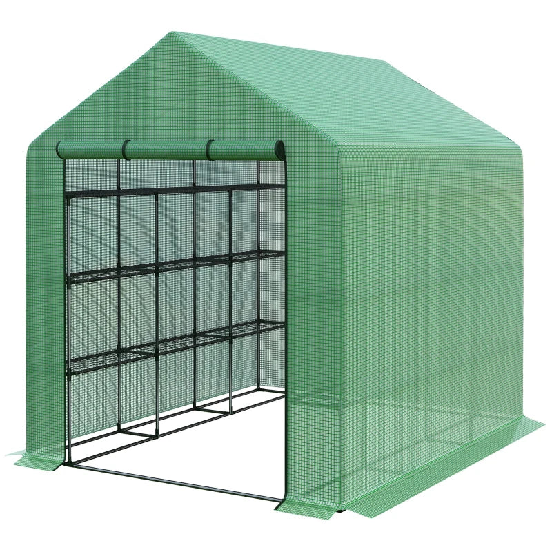 Portable Green 4 Tier Walk-in Greenhouse with Roll-up Door, 244 x 180 x 210cm