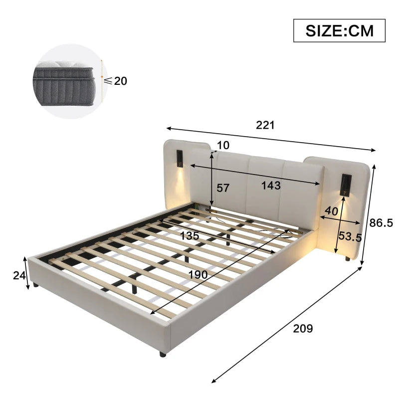 Upholstered Double Bed with Charging Port & Lighting, Impact-Resistant Headboard, 209x221x86.5 cm, Beige - Modern Bedroom Furniture