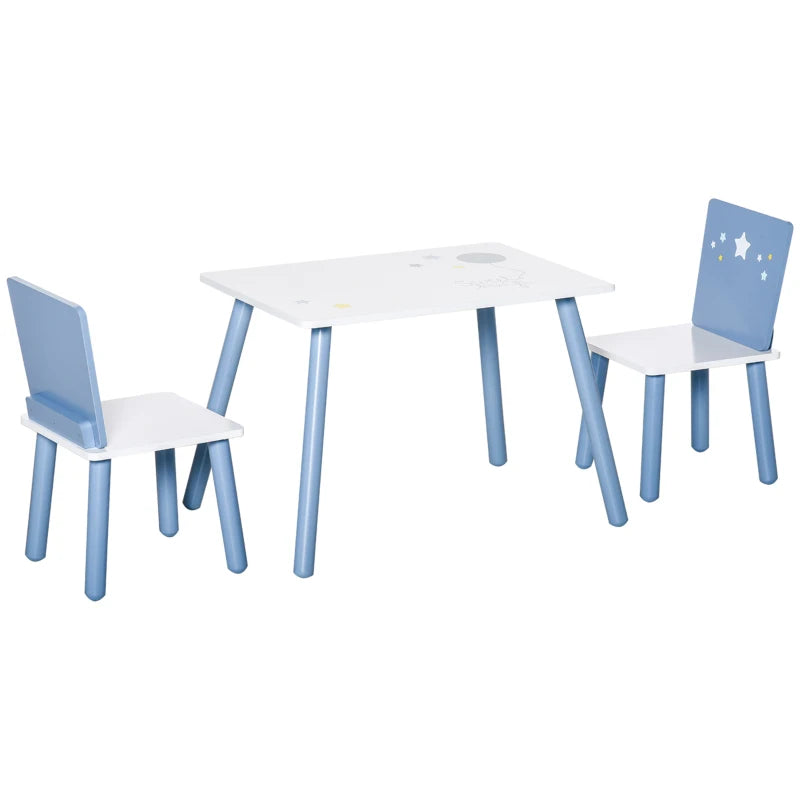 3 Pcs Kids Table & Chairs Set - Safe Corners, Wood Legs, Cute Stars - Mini Furniture for Playroom & Bedroom - Blue