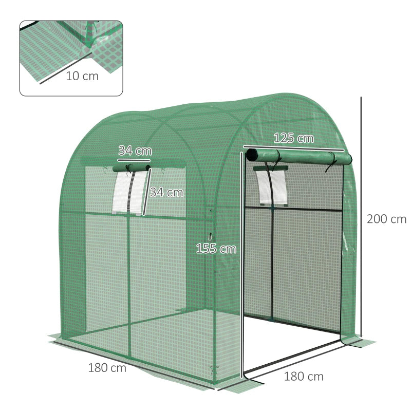 Green Walk-in Polytunnel Greenhouse with UV-Resistant Cover, Doors, and Windows, 1.8 x 1.8 x 2m